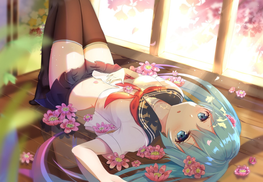 1girl arm_up bangs black_legwear black_sailor_collar black_skirt blue_eyes blue_hair blurry blurry_foreground blush breasts collarbone commentary depth_of_field eyebrows_visible_through_hair flower gradient_hair hair_between_eyes hatsune_miku long_hair looking_at_viewer lying mobu_(wddtfy61) multicolored_hair neckerchief no_shoes on_back parted_lips pink_flower pink_hair pleated_skirt red_neckwear reflection reflective_floor sailor_collar school_uniform serafuku shirt sidelocks skirt small_breasts solo thigh-highs twintails very_long_hair vocaloid white_shirt wooden_floor