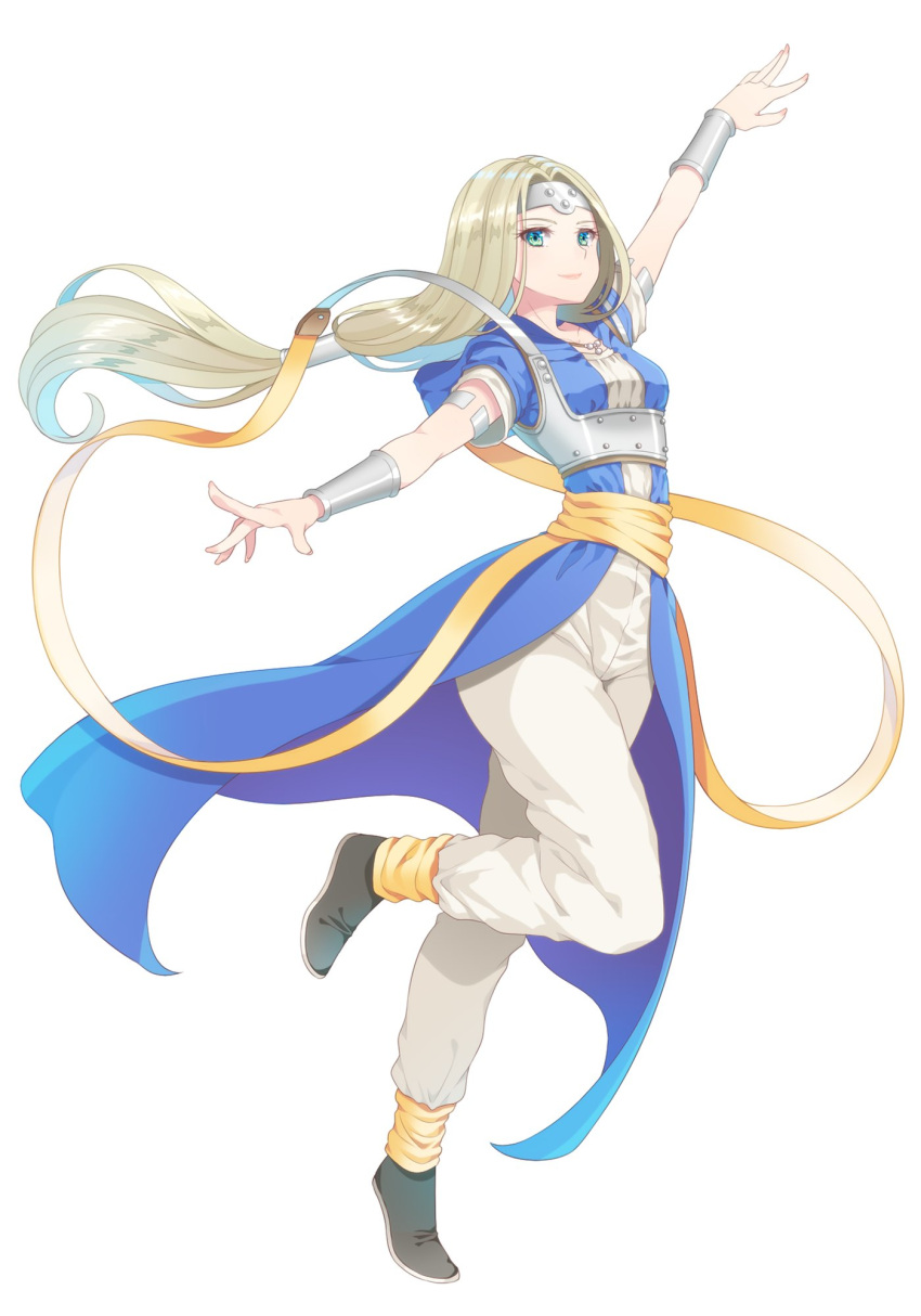 1girl arm_up armlet black_footwear blonde_hair blue_eyes bracer breasts circlet closed_mouth dragon_quest dragon_quest_vi fingernails fujimura_hinami full_body hair_intakes highres leg_up long_hair looking_at_viewer low-tied_long_hair mireyu sash shoes short_sleeves simple_background small_breasts smile solo standing standing_on_one_leg straight_hair white_background