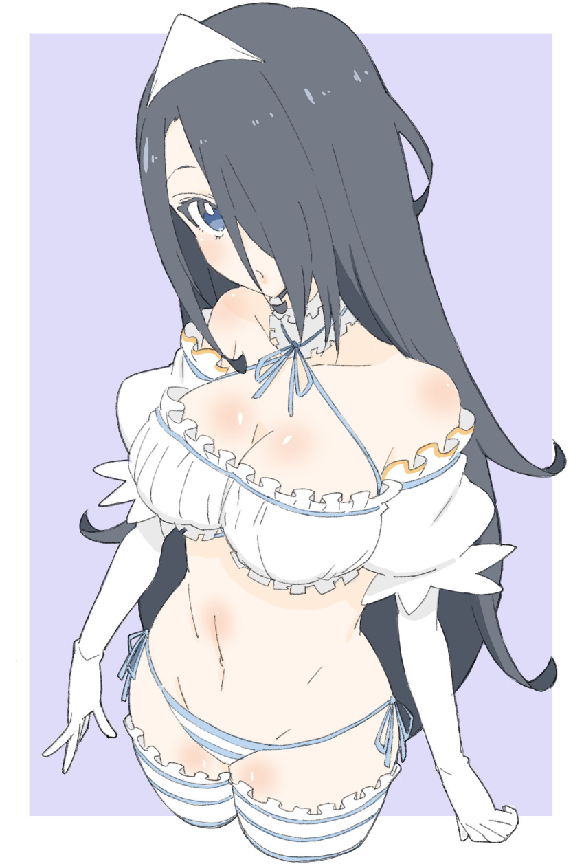 1girl absurdres bare_shoulders black_hair blue_eyes blue_neckwear blue_ribbon breasts cowboy_shot criss-cross_halter cropped_legs detached_sleeves donguri_suzume elbow_gloves gloves hair_over_one_eye halterneck highres large_breasts long_hair looking_at_viewer navel neck_ribbon one_eye_covered original panties parted_lips puffy_short_sleeves puffy_sleeves purple_background ribbon short_sleeves simple_background solo striped striped_panties thigh-highs triangular_headpiece underwear white_gloves