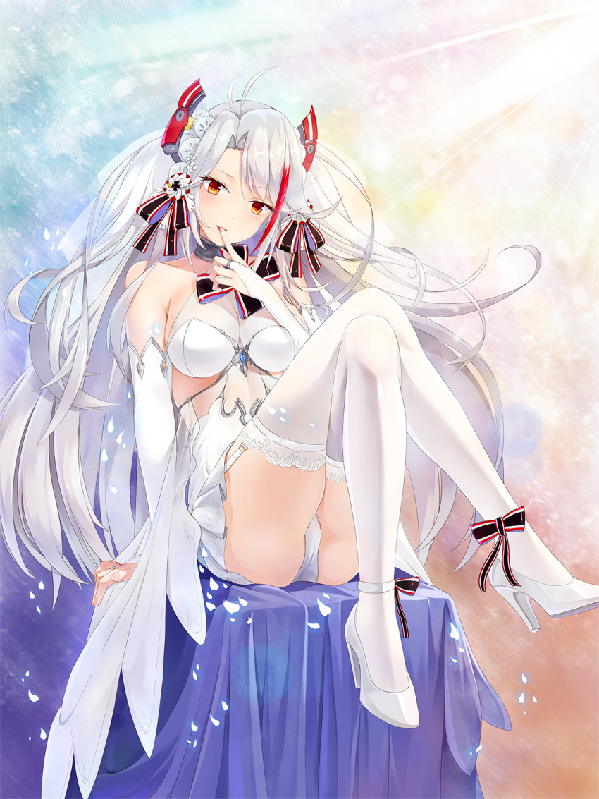 1girl alternate_costume ankle_ribbon antenna_hair arm_support ass azur_lane bangs bare_shoulders blush breasts bridal_gauntlets bridal_veil brown_eyes cleavage closed_mouth collarbone day dress dress_lift eyebrows_visible_through_hair finger_to_mouth flower full_body garter_straps gloves hair_between_eyes hair_ornament half-closed_eyes hands_up head_tilt headgear heart high_heels highres iron_cross knees_up kurumiiii large_breasts leg_up legs_crossed lifted_by_self light_particles light_rays long_hair looking_at_viewer mole mole_on_breast multicolored_hair no_bra open_mouth panties petals prinz_eugen_(azur_lane) pumps redhead ribbon rose see-through silver_hair sitting smile solo thigh-highs thighs twitter_username two_side_up underwear veil very_long_hair wedding_dress white_dress white_flower white_footwear white_gloves white_hair white_legwear white_panties