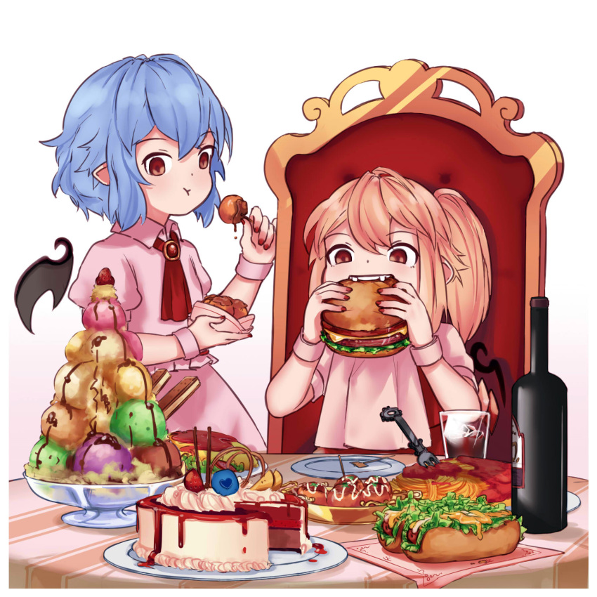 2girls :t ascot bat_wings blonde_hair blue_hair blush bottle bowl cake chair chocolate_syrup commentary crystal cup detached_wings dress drinking_glass eating english_commentary eyebrows_visible_through_hair fangs flandre_scarlet food fork fruit glass_bowl gradient gradient_background hair_between_eyes hamburger hand_up highres holding holding_bowl holding_food hot_dog ice ice_cream ice_cube looking_at_viewer meatball multiple_girls mustard nail_polish no_hat no_headwear omurice pasta pink_background pink_dress plate pocky pointy_ears puffy_short_sleeves puffy_sleeves red_eyes red_nails red_neckwear red_vest remilia_scarlet short_hair short_sleeves siblings side_ponytail sisters sitting spaghetti standing strawberry table toothpick touhou vest wafer_stick white_background wine_bottle wing_collar wings wrist_cuffs yoruny