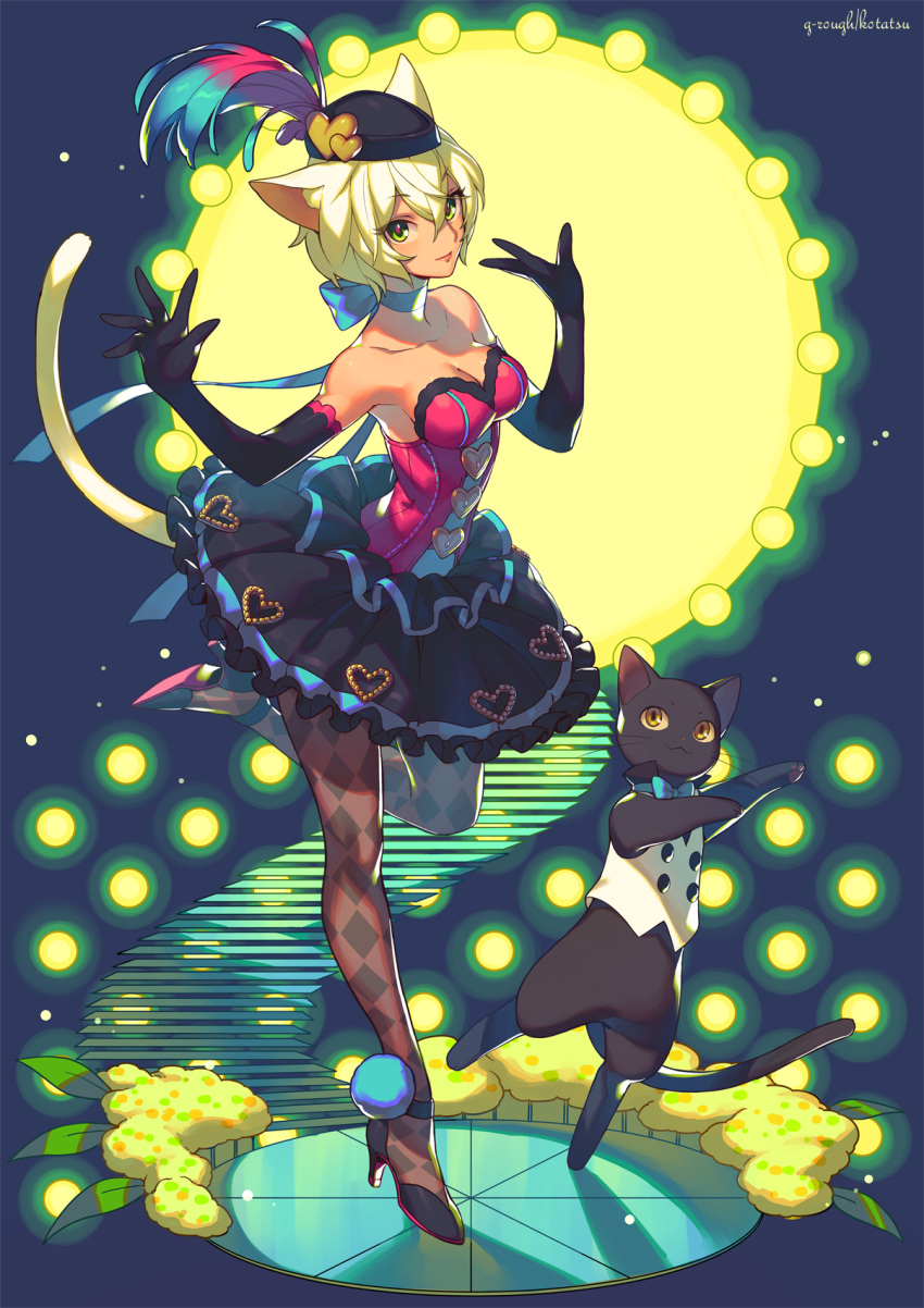 1girl :3 animal animal_ears argyle argyle_legwear bare_shoulders black_footwear black_gloves black_hat black_skirt blonde_hair blue_choker blue_ribbon breasts cat cat_ears cat_tail choker cleavage clothed_animal commentary_request copyright_request elbow_gloves frilled_skirt frills gloves green_eyes hat hat_feather high_heels highres kotatsu_(g-rough) medium_breasts official_art pantyhose ribbon ribbon_choker short_hair signature skirt smile solo standing standing_on_one_leg tail