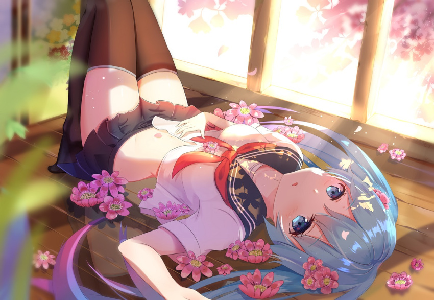 1girl arm_up bangs black_legwear black_sailor_collar black_skirt blue_eyes blue_hair blurry blurry_foreground blush breasts collarbone depth_of_field eyebrows_visible_through_hair flower gradient_hair hair_between_eyes hatsune_miku long_hair looking_at_viewer lying mobu_(wddtfy61) multicolored_hair neckerchief no_shoes on_back parted_lips pink_flower pink_hair pleated_skirt red_neckwear reflection reflective_floor sailor_collar school_uniform serafuku shirt sidelocks skirt small_breasts solo thigh-highs twintails very_long_hair vocaloid white_shirt wooden_floor