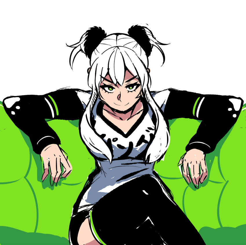 1girl akairiot black_legwear breasts commentary couch double_bun english_commentary green_eyes hair_ornament hair_scrunchie highres legs_crossed looking_at_viewer mascot medium_breasts pan-chan_(panda_global) panda_global scrunchie short_hair_with_long_locks sitting smile solo thigh-highs white_hair