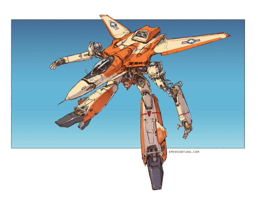 choujikuu_yousai_macross commentary deviantart_username emerson_tung english_commentary gerwalk gradient gradient_background highres machinery macross mecha radio_antenna redesign roundel science_fiction signature sketch solo united_states variable_fighter vf-1 vf-1d