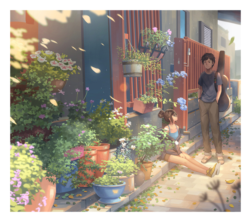 1boy 1girl blue_shirt bracelet brown_hair closed_mouth collarbone day flower hair_bun hanging_plant highres instrument_case jewelry kitsu+3 looking_at_another original outdoors pants sandals scenery shirt shoes short_hair sitting sneakers