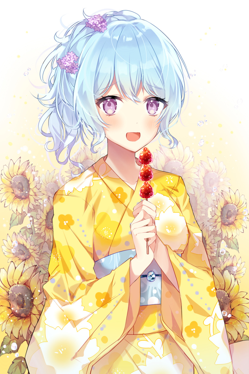 1girl :d alternate_hairstyle bang_dream! bangs blue_hair blush eyebrows_visible_through_hair floral_background flower hair_flower hair_ornament highres holding japanese_clothes kimono light_blue_hair long_sleeves looking_at_viewer matsubara_kanon obi open_mouth ponytail purple_flower sash sidelocks skewer smile solo sunflower taya_5323203 upper_body violet_eyes water_drop wide_sleeves yellow_kimono