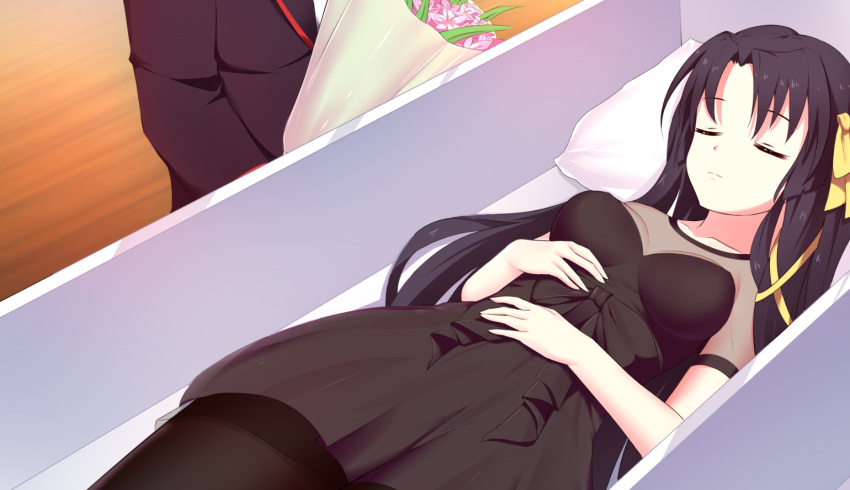 1girl black_hair black_legwear bouquet breasts closed_eyes corpse death flower funeral hair_ribbon kurugaya_yuiko little_busters!! long_hair lying medium_breasts neng_chi_dashi on_back pantyhose ribbon strangling yellow_ribbon