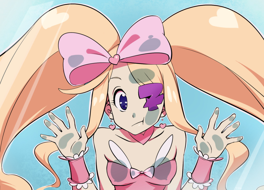 1girl :t against_fourth_wall against_glass bare_shoulders big_hair blue_background blue_eyes bow breast_press breasts breasts_on_glass detached_collar dress drill_hair earrings eyepatch fourth_wall harime_nui heart heart_earrings highres huge_bow jewelry kill_la_kill looking_at_viewer pink_bow pink_dress small_breasts solo twin_drills typo_(requiemdusk) wrist_cuffs
