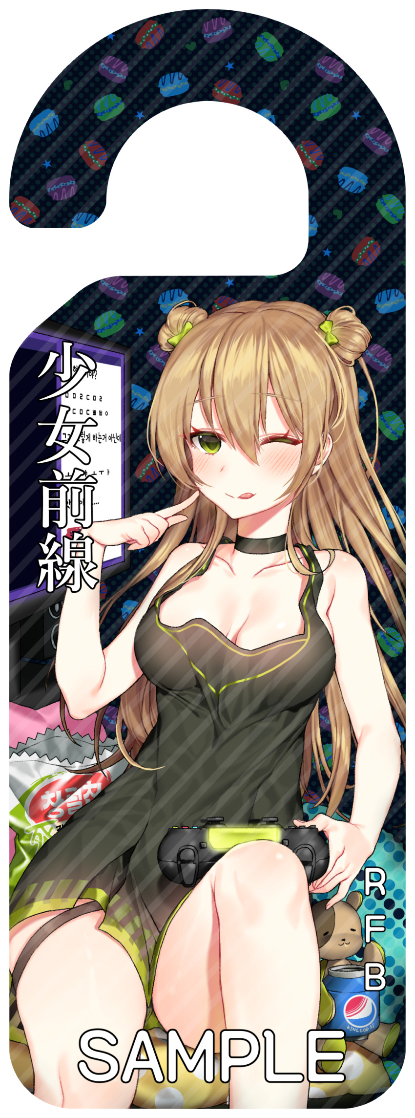 1girl ;p absurdres bangs bare_arms bare_shoulders black_choker blush bow breasts choker cleavage closed_mouth collarbone controller dress eyebrows_visible_through_hair finger_to_cheek food game_controller girls_frontline green_bow green_dress hair_between_eyes hair_bow highres holding ia_(ias1010) korean light_brown_hair long_hair looking_at_viewer macaron medium_breasts one_eye_closed pleated_dress polka_dot polka_dot_background rfb_(girls_frontline) sample short_dress sleeveless sleeveless_dress smile solo stuffed_animal stuffed_toy teddy_bear tongue tongue_out translation_request two_side_up very_long_hair