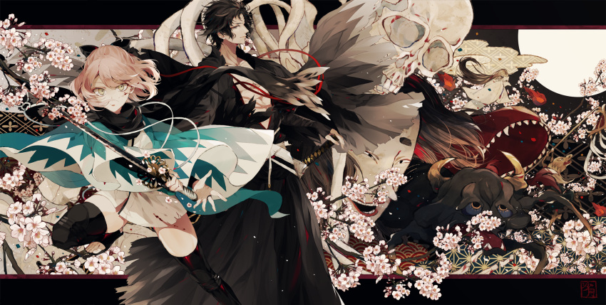 1boy 1girl abs bangs black_bow black_gloves black_legwear black_scarf bow branch bridal_gauntlets cherry_blossoms commentary_request fate/grand_order fate_(series) fine_art_parody gloves hair_bow haori highres hijikata_toshizou_(fate/grand_order) holding holding_sword holding_weapon japanese_clothes katana letterboxed long_sleeves looking_at_viewer okita_souji_(fate) okita_souji_(fate)_(all) parody parted_lips pink_hair robe satsuki_(miicat) scarf signature skull sword thigh-highs toeless_legwear toenails ushi-oni weapon wide_sleeves yellow_eyes