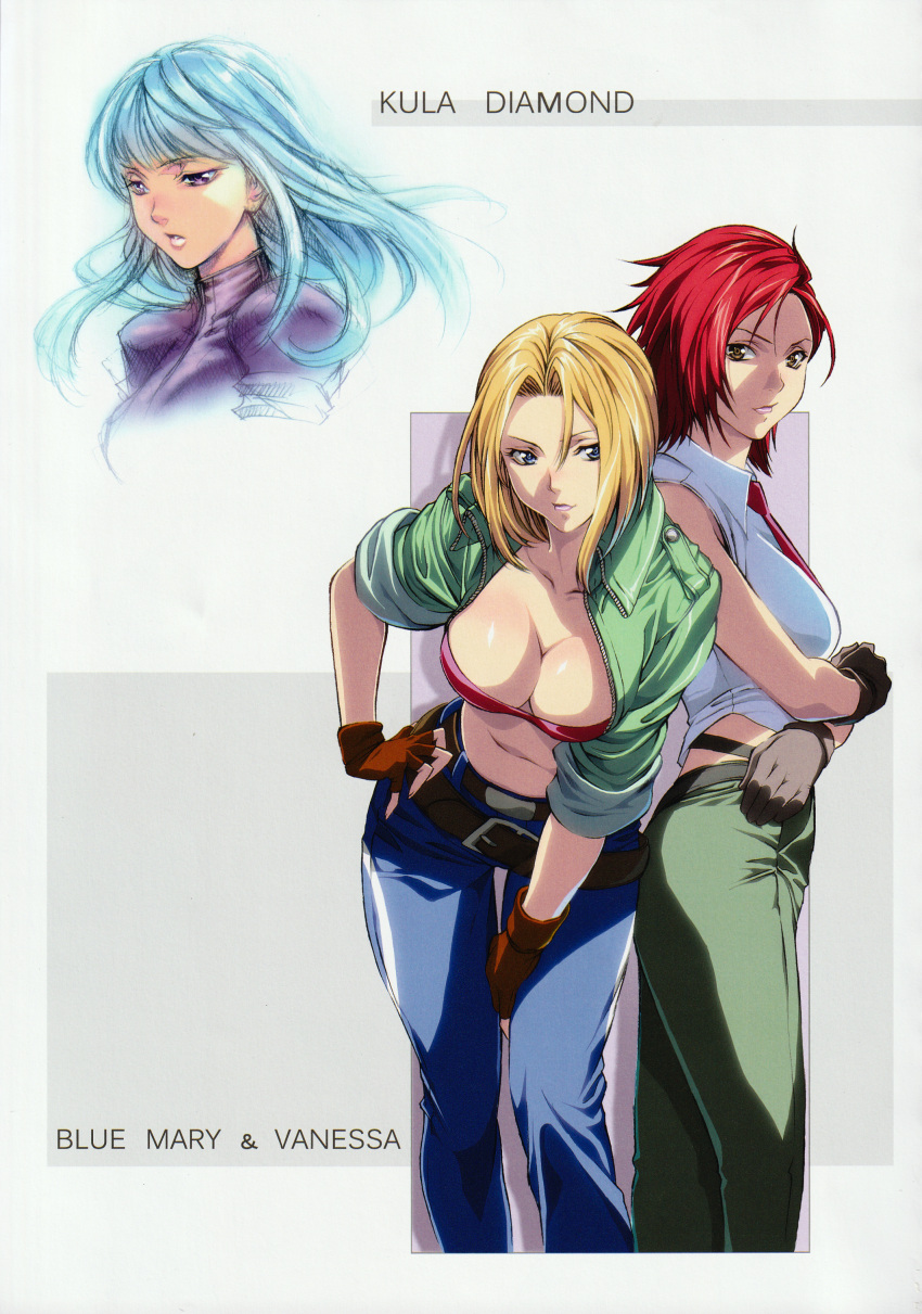 3girls absurdres belt blonde_hair blue_eyes blue_mary breasts character_name cleavage fingerless_gloves gloves highres homare_(fool's_art) huge_filesize jacket kula_diamond large_breasts lips long_hair multiple_girls navel necktie pants redhead scan short_hair simple_background smile the_king_of_fighters upper_body vanessa_(king_of_fighters)