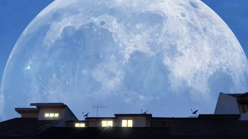 commentary english_commentary full_moon highres house making_of mclelun moon original photoshop_(medium) satellite_dish scenery signature window