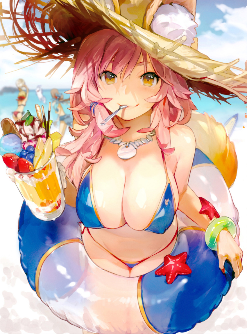 3girls absurdres animal_ears ball bikini blue_bikini blue_ribbon blurry blurry_background bracelet breasts cleavage clouds cloudy_sky cropped day drink ears_through_headwear erect_nipples fate/grand_order fate_(series) food fou_(fate/grand_order) fox_ears fox_tail fruit hair_ribbon hat highres holding innertube jewelry large_breasts leaning_forward long_hair looking_at_viewer mouth_hold multiple_girls necklace ocean outdoors pink_hair ribbon scan sky smile souji_hougu spoon spoon_in_mouth starfish straw_hat strawberry sun_hat swimsuit tail tamamo_(fate)_(all) tamamo_no_mae_(fate) tamamo_no_mae_(swimsuit_lancer)_(fate) yellow_eyes