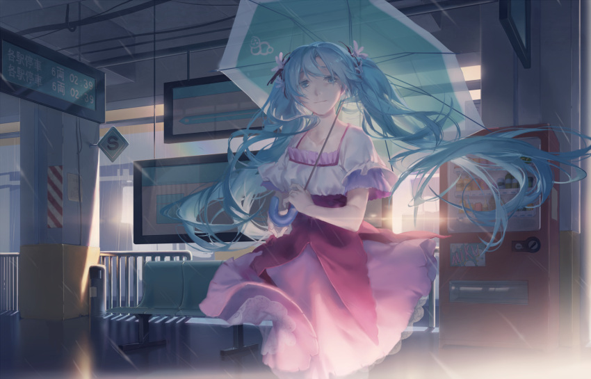 1girl bangs bench blue_eyes blue_hair bottle breasts can character_name closed_mouth collarbone commentary_request flower green_umbrella hair_flower hair_ornament hatsune_miku holding holding_umbrella indoors long_hair looking_at_viewer pink_skirt puffy_short_sleeves puffy_sleeves railing shirt short_sleeves skirt small_breasts solo spencer_sais transparent_umbrella twintails umbrella vending_machine very_long_hair vocaloid white_flower white_shirt