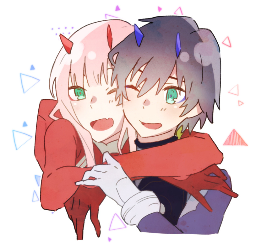 1boy 1girl arm_around_neck bangs black_bodysuit black_hair blue_horns bodysuit commentary_request couple darling_in_the_franxx fang gloves green_eyes hand_on_another's_arm hetero highres hiro_(darling_in_the_franxx) horns hug hug_from_behind leje39 long_hair one_eye_closed oni_horns open_mouth pilot_suit pink_hair red_bodysuit red_gloves red_horns short_hair white_gloves zero_two_(darling_in_the_franxx)