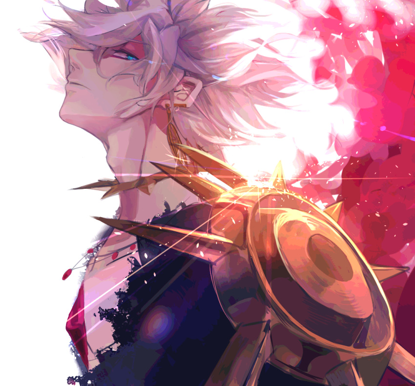 1boy blue_eyes choker earrings expressionless face fate/apocrypha fate/grand_order fate_(series) jewelry karna_(fate) male_focus messy_hair pauldrons pekerika profile simple_background solo spikes white_background white_hair