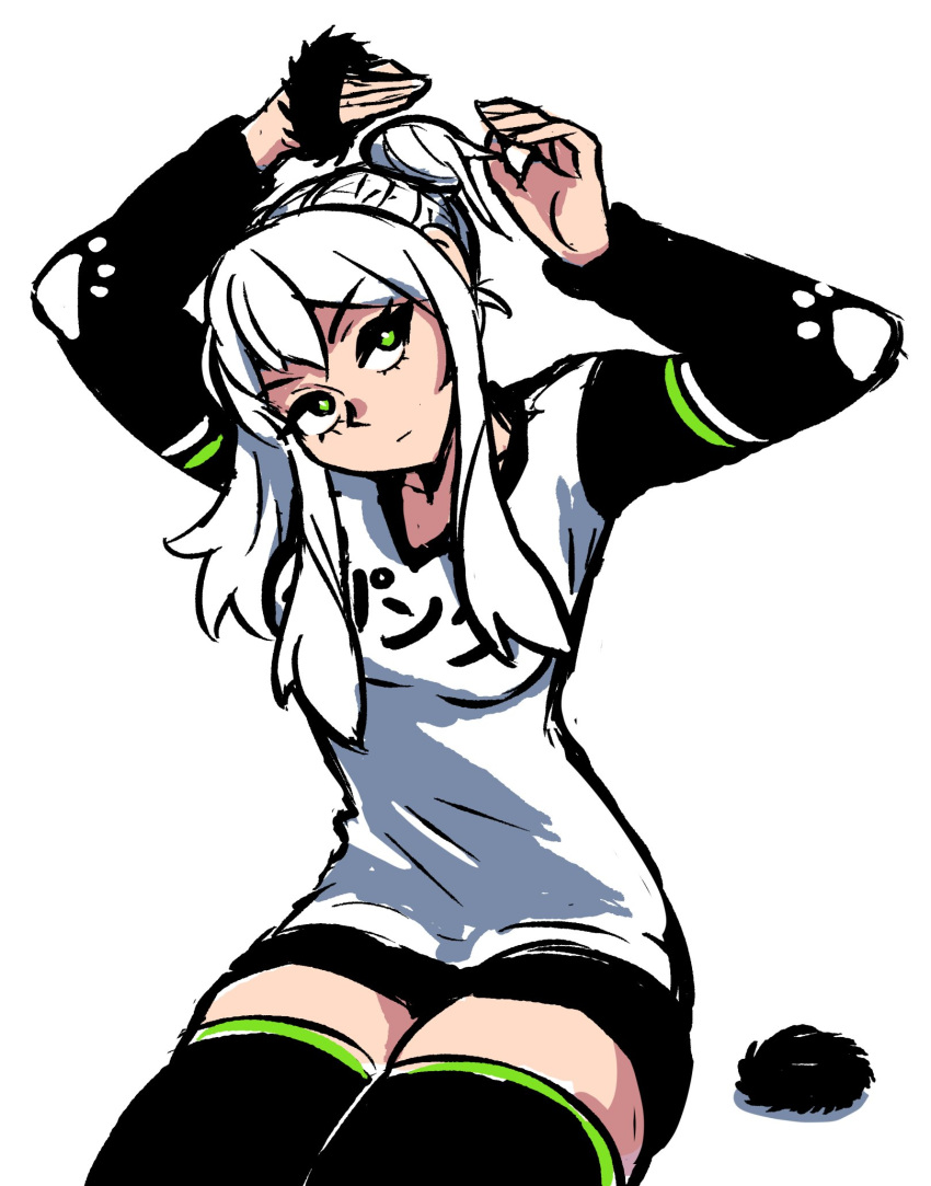 1girl adjusting_hair akairiot black_legwear breasts commentary double_bun english_commentary green_eyes hair_ornament hair_scrunchie head_tilt highres mascot medium_breasts pan-chan pan-chan_(panda_global) panda_global scrunchie short_hair_with_long_locks solo thigh-highs white_hair zettai_ryouiki