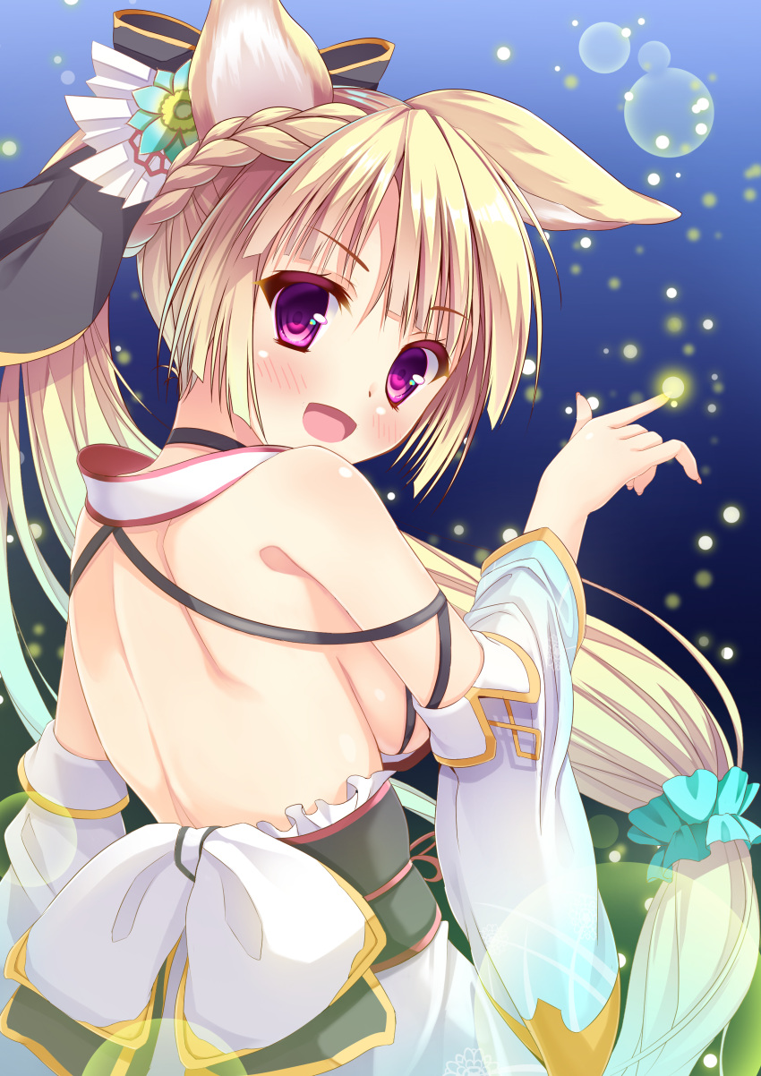 1girl :d absurdres animal_ears backless_outfit bare_shoulders black_bow blonde_hair blue_hair blue_scrunchie blush bow braid commentary_request detached_sleeves erune fingernails gradient_hair granblue_fantasy hair_bow hair_ornament hair_scrunchie hand_up highres hirotan_insitao japanese_clothes kimono long_hair long_sleeves looking_at_viewer looking_back multicolored_hair obi open_mouth sash scrunchie sidelocks smile solo very_long_hair violet_eyes white_kimono wide_sleeves yuisis_(granblue_fantasy) yukata