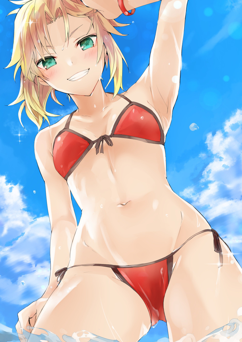 1girl absurdres arm_up bangs bare_arms bare_shoulders bikini blonde_hair blue_sky breasts clouds collarbone commentary_request day dutch_angle eyebrows_visible_through_hair fate/grand_order fate_(series) from_below front-tie_bikini front-tie_top green_eyes grin groin highres looking_at_viewer looking_down mordred_(fate)_(all) mordred_(swimsuit_rider)_(fate) navel outdoors red_bikini side-tie_bikini sky small_breasts smile solo swimsuit tomozero water wet wet_hair