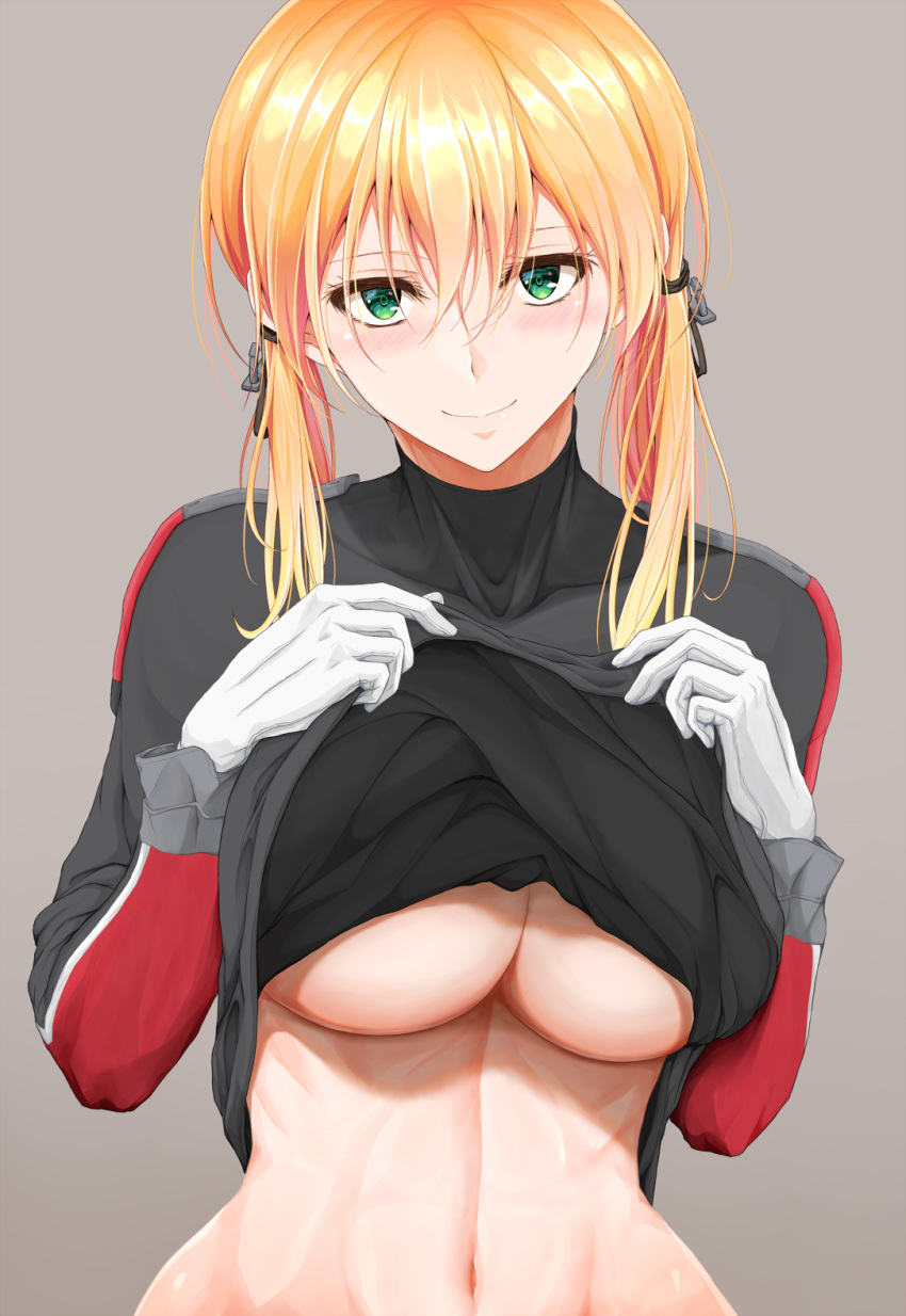 1girl aqua_eyes bangs black_ribbon blonde_hair blush breasts closed_mouth collarbone eyebrows_visible_through_hair gloves green_eyes grey_background hair_between_eyes hamaguri_(hamaguri1234) highres kantai_collection large_breasts lifted_by_self lips long_hair looking_at_viewer low_twintails military military_uniform no_bra prinz_eugen_(kantai_collection) ribbon shirt_lift simple_background smile twintails under_boob uniform upper_body white_gloves