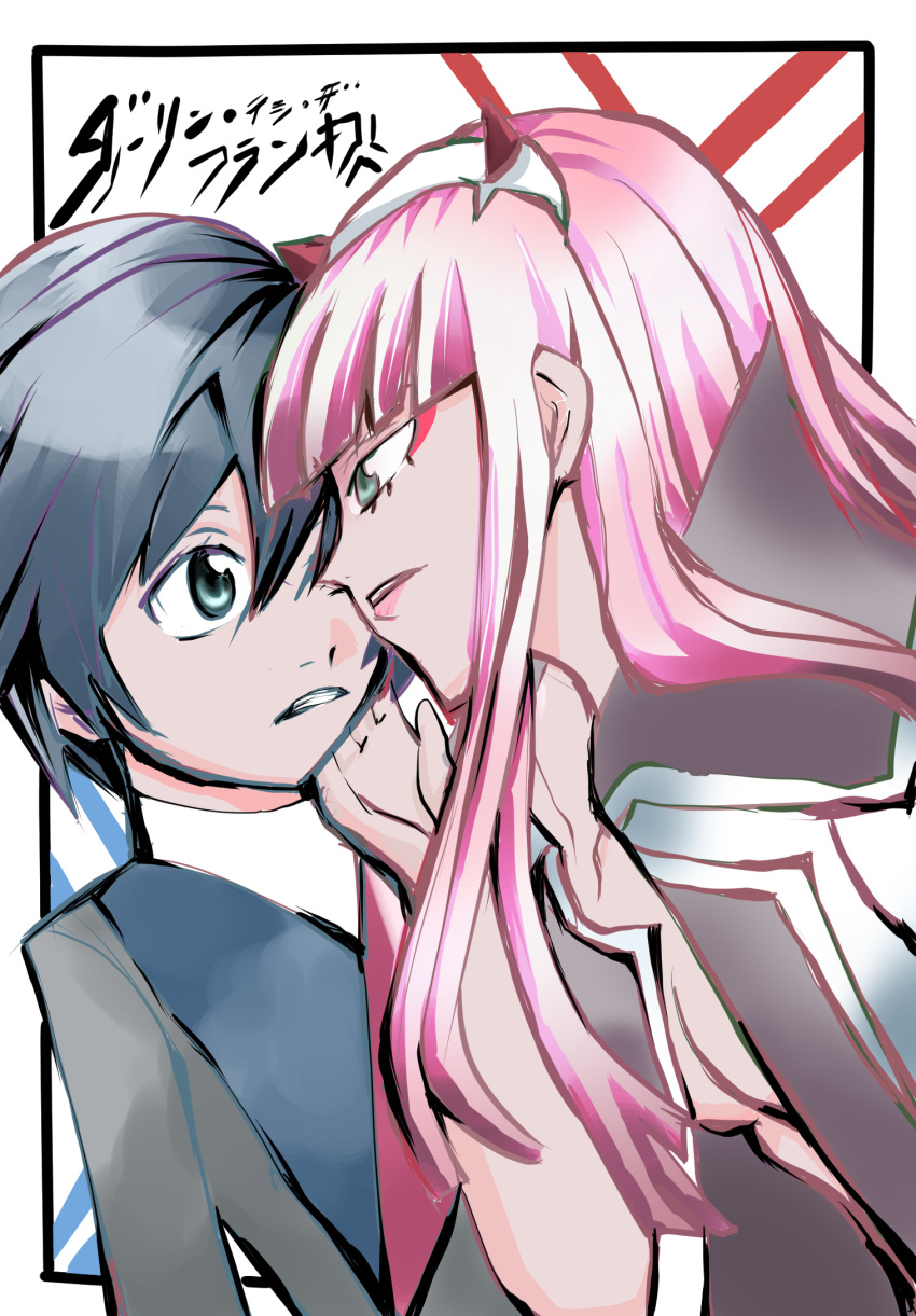 1boy 1girl bangs black_hair blue_eyes breasts coat commentary commentary_request couple darling_in_the_franxx english_commentary face-to-face facing_another forehead-to-forehead green_eyes hair_ornament hairband hand_on_another's_face hetero highres hiro_(darling_in_the_franxx) horns jacket_on_shoulders long_coat long_hair long_sleeves looking_at_another medium_breasts military military_uniform necktie oni_horns open_clothes open_coat pink_hair red_horns red_neckwear short_hair translated uniform user_vjpw4772 white_hairband zero_two_(darling_in_the_franxx)