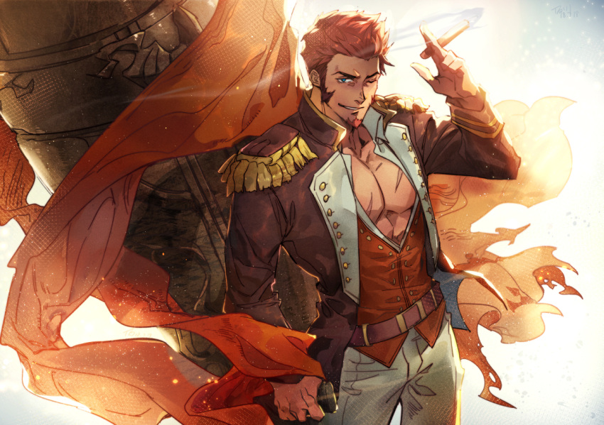 1boy beard belt blue_eyes brown_hair cigar commentary_request cowboy_shot epaulettes facial_hair fate/grand_order fate_(series) hermithessa huge_weapon jacket looking_at_viewer male_focus military military_jacket military_uniform muscle napoleon_bonaparte_(fate/grand_order) one_eye_closed open_clothes open_jacket oversized_object pectorals scar sideburns smile smoking solo uniform weapon