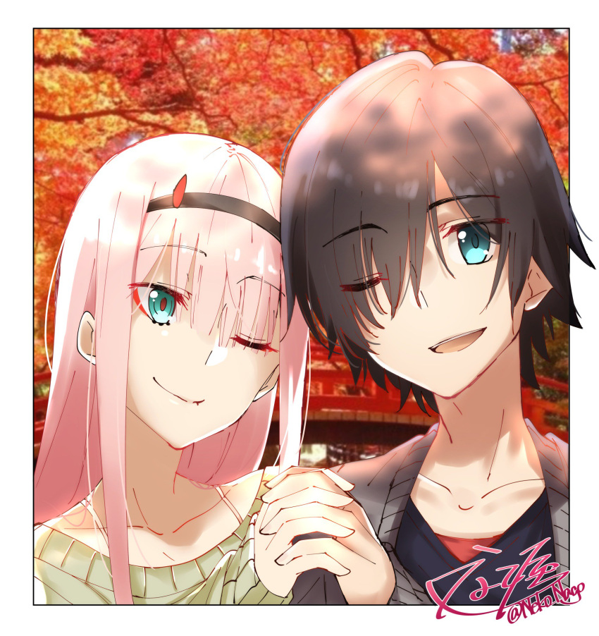 1boy 1girl bangs black_hair black_hairband black_shirt blue_eyes couple darling_in_the_franxx eyebrows_visible_through_hair eyes_visible_through_hair flower green_eyes green_shirt hair_ornament hairband hand_holding hetero highres hiro_(darling_in_the_franxx) horns interlocked_fingers long_hair long_sleeves looking_at_another looking_at_viewer nakoya_(nane_cat) one_eye_closed oni_horns open_mouth pink_hair red_horns shirt short_hair signature zero_two_(darling_in_the_franxx)