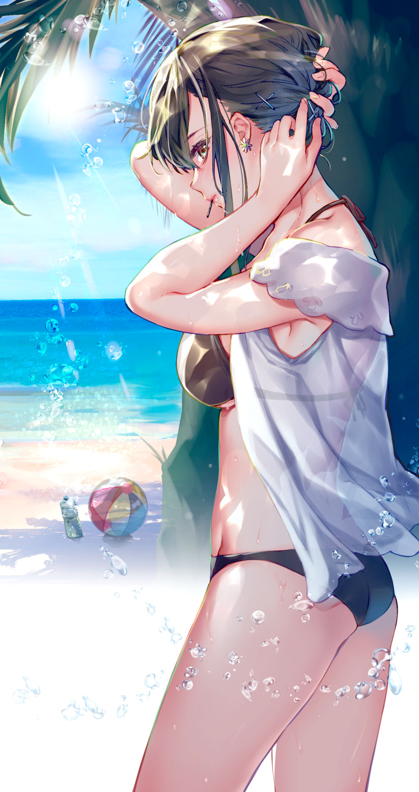 1girl absurdres ball beach beachball bikini black_bikini blue_sky breasts brown_eyes cocoa_(cafe-hotcocoa) cowboy_shot day earrings hair_up highres jewelry medium_breasts mouth_hold open_clothes open_shirt original short_hair sky sleeveless solo standing swimsuit water