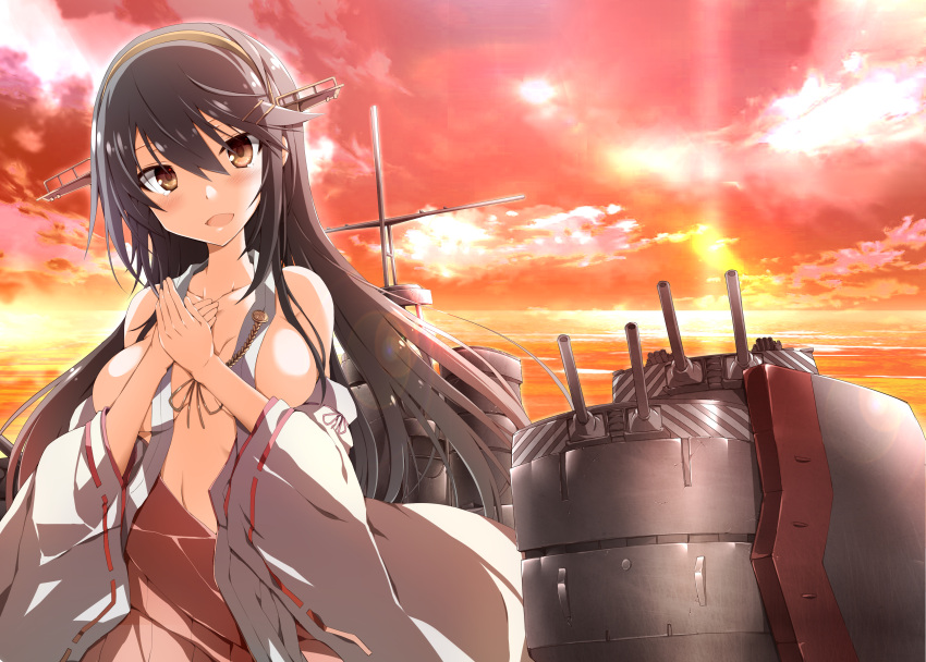 1girl :d absurdres bangs bare_shoulders blush breasts brown_eyes brown_hair cannon clouds collarbone commentary_request detached_sleeves eyebrows_visible_through_hair hair_between_eyes hakama hands_up haruna_(kantai_collection) head_tilt headgear highres horizon japanese_clothes kantai_collection long_hair long_sleeves looking_at_viewer machinery medium_breasts mukouhara_shiryuu ocean open_mouth outdoors own_hands_together red_hakama ribbon-trimmed_sleeves ribbon_trim sky smile solo sunset turret very_long_hair water wide_sleeves