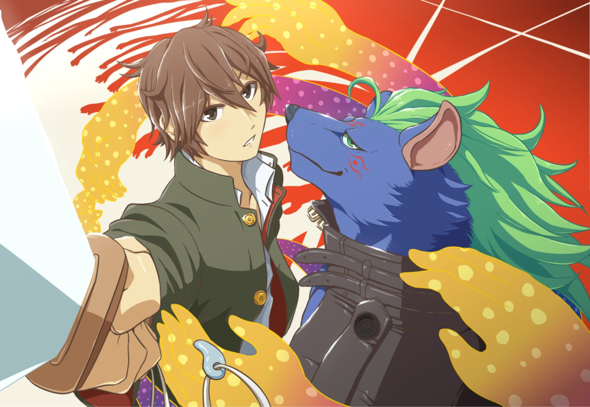 2boys blue_fur brown_eyes brown_hair from_above furry gakuran green_eyes green_hair hands highres looking_at_viewer magatama male_focus master_4_(tokyo_houkago_summoners) multiple_boys nyarlathotep_(tokyo_houkago_summoners) parted_lips pointing_weapon school_uniform sword tokyo_houkago_summoners weapon