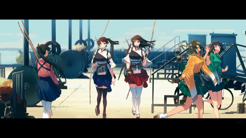 5girls :d akagi_(kantai_collection) black_hair black_legwear blew_andwhite blue_eyes blue_hair blue_skirt blurry blurry_background blush bow_(weapon) breasts brown_eyes brown_gloves brown_hair closed_eyes day flight_deck floating_hair geta gloves green_skirt hair_ribbon hakama hakama_skirt headband high_five highres hiryuu_(kantai_collection) holding holding_bow_(weapon) holding_weapon houshou_(kantai_collection) japanese_clothes kaga_(kantai_collection) kantai_collection kimono large_breasts letterboxed long_hair looking_at_viewer mid-stride multiple_girls muneate one_side_up open_mouth outdoors pleated_skirt ponytail quiver red_skirt ribbon rudder_shoes short_hair side_ponytail signature skirt smile socks souryuu_(kantai_collection) tan tasuki thigh-highs twintails walking weapon white_legwear wince wind wind_lift