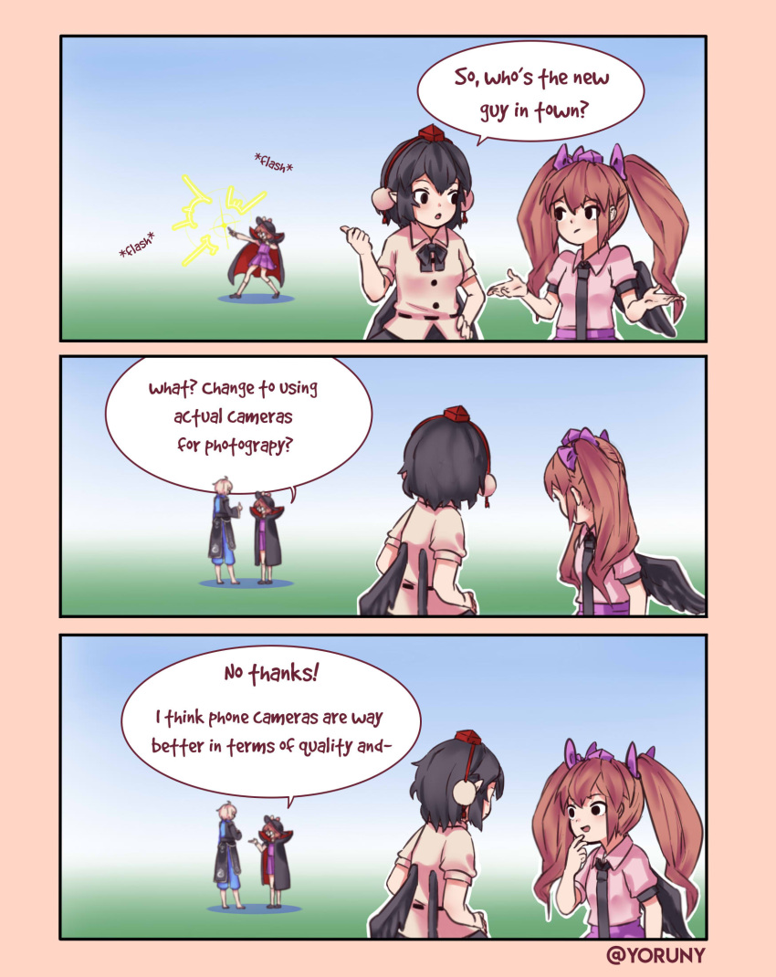1boy 3girls 3koma :d :o artist_name black_bow black_cape black_eyes black_hair black_hat black_neckwear black_skirt black_wings blue_background blue_pants bow bowtie breasts brown_hair cape cellphone comic commentary english english_commentary eye_contact eyebrows_visible_through_hair fedora finger_to_mouth from_behind full_body glasses gradient gradient_background green_background hair_between_eyes hair_bow hand_on_hip hand_up hat highres himekaidou_hatate holding holding_phone index_finger_raised japanese_clothes kimono kneehighs long_hair long_sleeves looking_at_another medium_breasts morichika_rinnosuke multiple_girls necktie open_mouth pants phone pleated_skirt pointy_ears pom_pom_(clothes) puffy_short_sleeves puffy_sleeves purple_bow purple_skirt purple_vest shadow shameimaru_aya shirt short_hair short_sleeves shrug silver_hair skirt smartphone smile speech_bubble standing taking_picture tassel tokin_hat touhou twintails twitter_username upper_body usami_sumireko vest white_legwear white_shirt wide_sleeves wings yoruny
