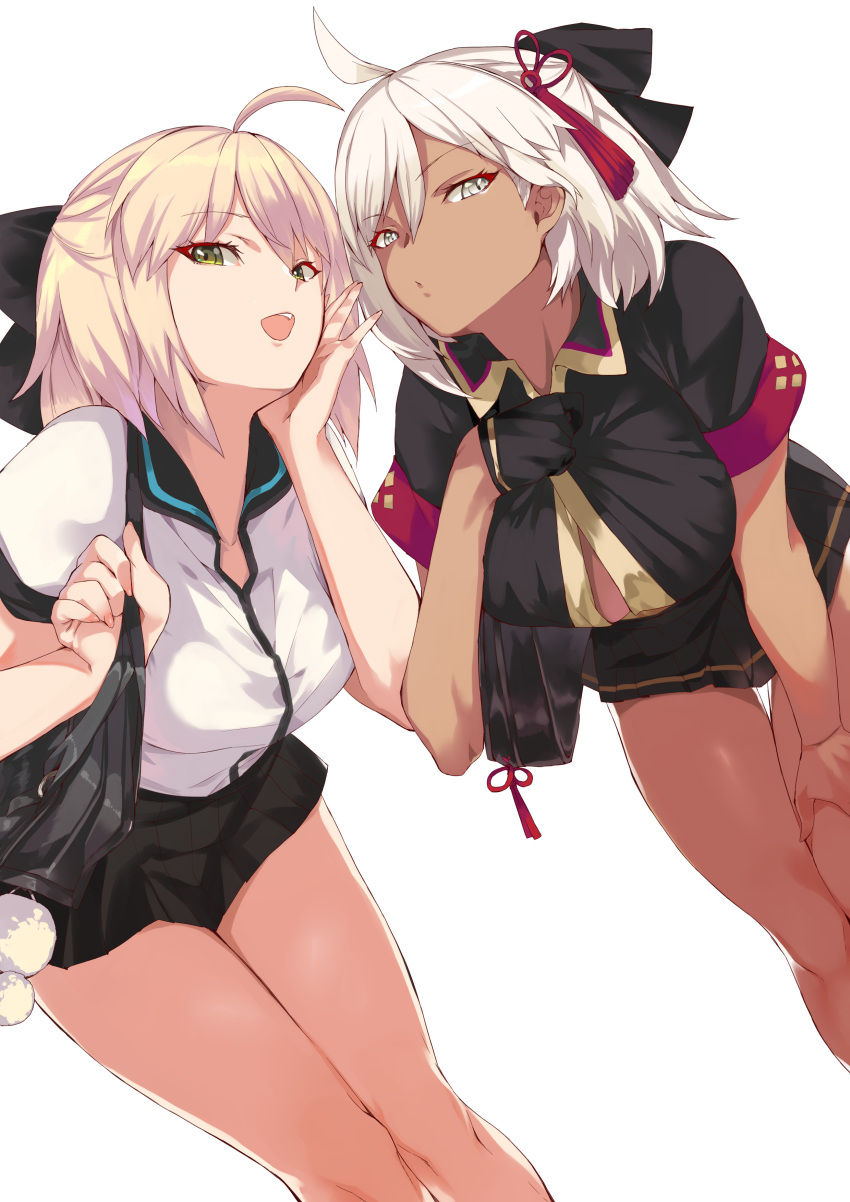 2girls :o absurdres ahoge alternate_costume arm_support bag bangs bare_legs black_skirt blonde_hair bow breasts commentary_request dark_skin dual_persona fate/grand_order fate_(series) fingernails green_eyes grey_eyes hair_between_eyes hair_bow hair_ornament hand_on_hip hand_on_own_cheek hanging_breasts head_tilt highres holding holding_bag leaning_forward legs looking_at_viewer miniskirt multiple_girls ohland okita_souji_(alter)_(fate) okita_souji_(fate) okita_souji_(fate)_(all) open_mouth school_bag school_uniform short_hair simple_background skirt tassel thigh_gap thighs uniform white_background white_hair