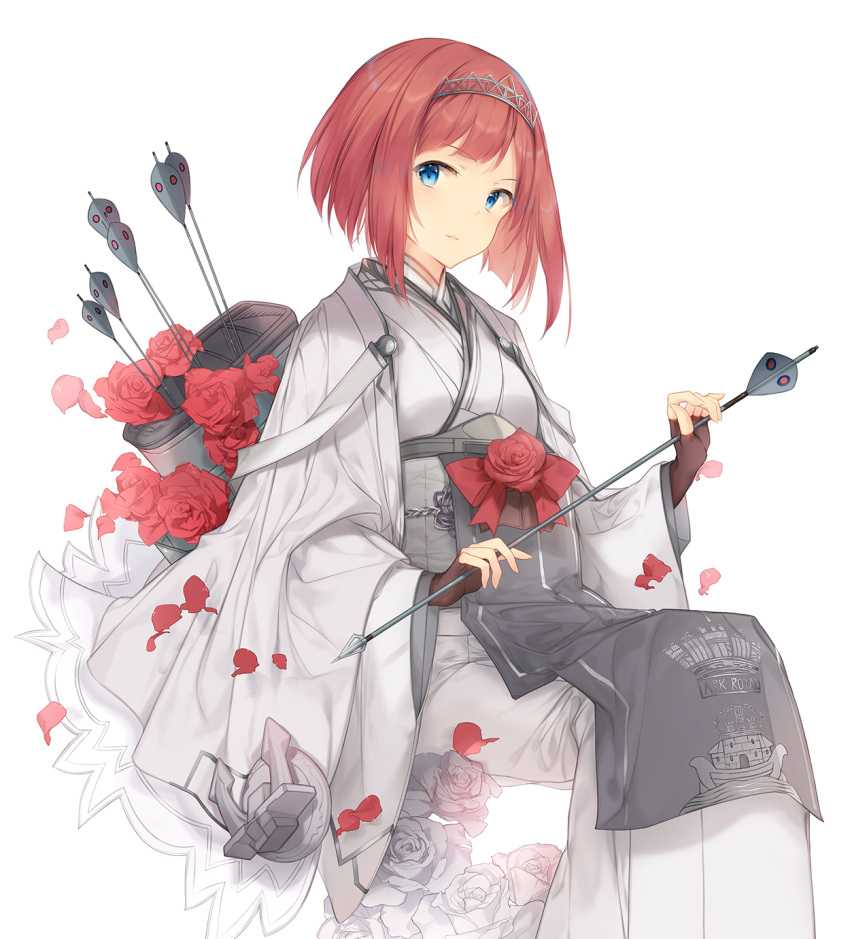1girl alternate_costume ark_royal_(kantai_collection) arrow blue_eyes brown_gloves clothes_writing fingerless_gloves flower gloves hairband highres holding_arrow kantai_collection long_sleeves malachite petals red_flower red_ribbon red_rose redhead ribbon rose rose_petals short_hair simple_background solo tiara white_background white_flower white_rose wide_sleeves