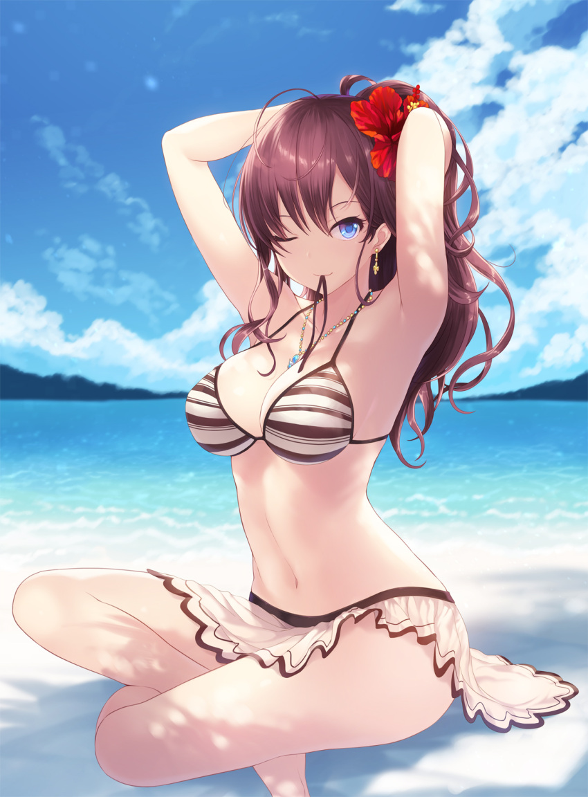 1girl ahoge armpits arms_behind_head arms_up bare_shoulders beach bikini blue_eyes breasts brown_hair cait cleavage closed_mouth clouds cloudy_sky commentary_request earrings flower hair_between_eyes hair_flower hair_ornament highres ichinose_shiki idolmaster idolmaster_cinderella_girls indian_style jewelry legs long_hair looking_at_viewer medium_breasts mouth_hold navel ocean ribbon ribbon_in_mouth seaside sidelocks sitting sky smile solo striped striped_bikini swimsuit thighs waist wavy_hair