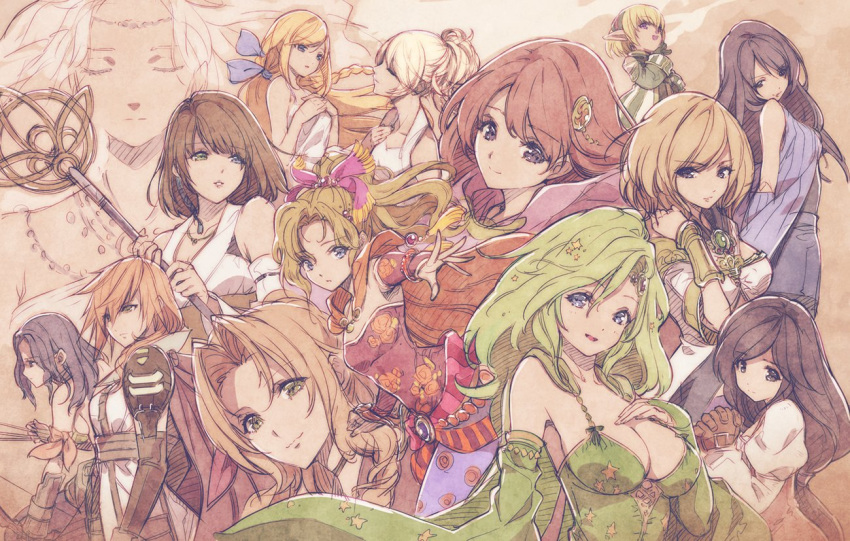 6+girls :d aerith_gainsborough aria_benett arrow ashelia_b'nargin_dalmasca bare_shoulders between_fingers black_eyes black_hair blue_eyes blue_ribbon bow_(weapon) bracelet braid breasts bridal_gauntlets brown_gloves brown_hair cape cleavage closed_eyes closed_mouth detached_sleeves eyebrows_visible_through_hair final_fantasy final_fantasy_i final_fantasy_ii final_fantasy_iii final_fantasy_iv final_fantasy_ix final_fantasy_v final_fantasy_vii final_fantasy_viii final_fantasy_x final_fantasy_xi final_fantasy_xii final_fantasy_xiii final_fantasy_xv garnet_til_alexandros_xvii gem gloves green_eyes green_hair hair_between_eyes hair_intakes hair_ornament hair_ribbon hand_on_own_chest heterochromia hirano_katsuyuki holding holding_staff holding_weapon interlocked_fingers jewelry juliet_sleeves lenna_charlotte_tycoon lightning_farron long_hair long_sleeves lunafreya_nox_fleuret maria_(ff2) medium_breasts multiple_girls ojou-sama_pose open_mouth orange_cape pantyhose pink_hair pink_ribbon pointy_ears ponytail princess print_legwear puffy_sleeves purple_hair purple_legwear ribbon ribbon-trimmed_sleeves ribbon_trim rinoa_heartilly rydia sarah_(ff1) shantotto short_hair single_braid small_breasts smile staff star star_hair_ornament star_print strapless tarutaru tina_branford violet_eyes weapon yuna