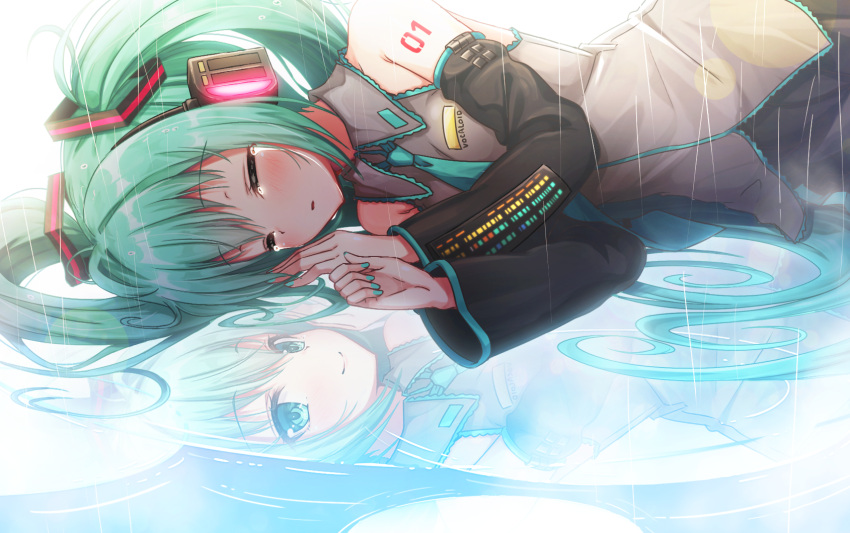 1girl bare_shoulders black_skirt blue_eyes blush closed_eyes closed_mouth collared_shirt commentary_request crying detached_sleeves different_reflection fingernails green_hair green_nails green_neckwear grey_shirt hair_ornament hands_up hatsune_miku headphones highres long_hair long_sleeves lying matokechi nail_polish necktie on_side parted_lips reflection shirt skirt sleeveless sleeveless_shirt smile solo tears twintails very_long_hair vocaloid wide_sleeves