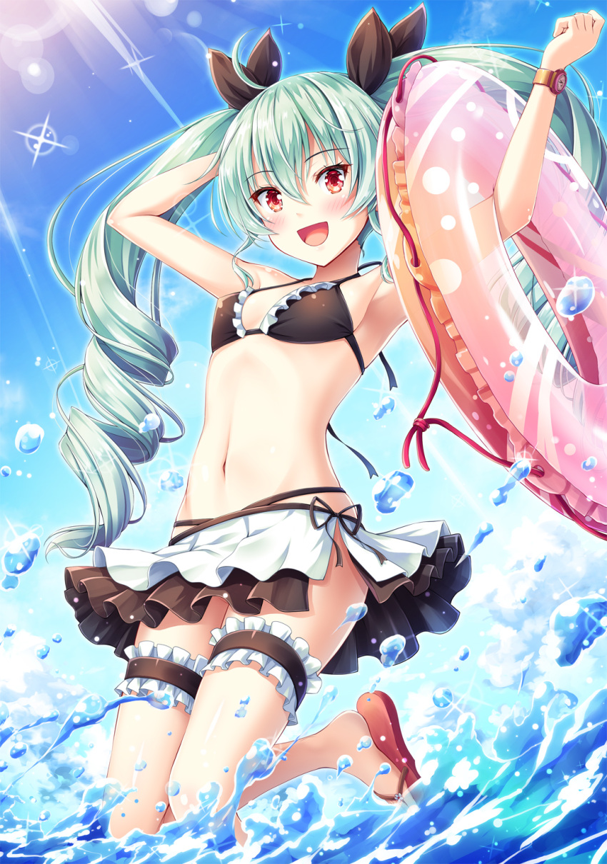 1girl :d akashio_(loli_ace) anchovy armpits arms_up bangs bare_arms bare_shoulders bikini bikini_skirt black_bikini black_ribbon blue_sky blush breasts clouds commentary day drill_hair eyebrows_visible_through_hair frills girls_und_panzer green_hair hair_between_eyes hair_ribbon highres innertube leg_garter long_hair looking_at_viewer navel ocean open_mouth outdoors red_eyes red_footwear ribbon ringlets sandals side-tie_bikini sky small_breasts smile solo stomach sunlight swimsuit transparent twin_drills twintails very_long_hair watch watch water
