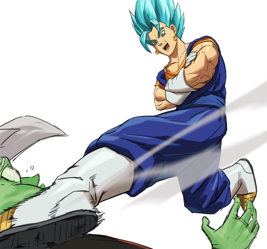 2boys absurdres blue_eyes blue_hair boots commentary crossed_arms dougi dragon_ball dragon_ball_super dragonball_z earrings english_commentary fighting_stance fused_zamasu gloves highres jewelry kicking male_focus multiple_boys open_mouth potara_earrings short_hair simple_background spiky_hair super_saiyan_blue tears vegetto white_background zamasu
