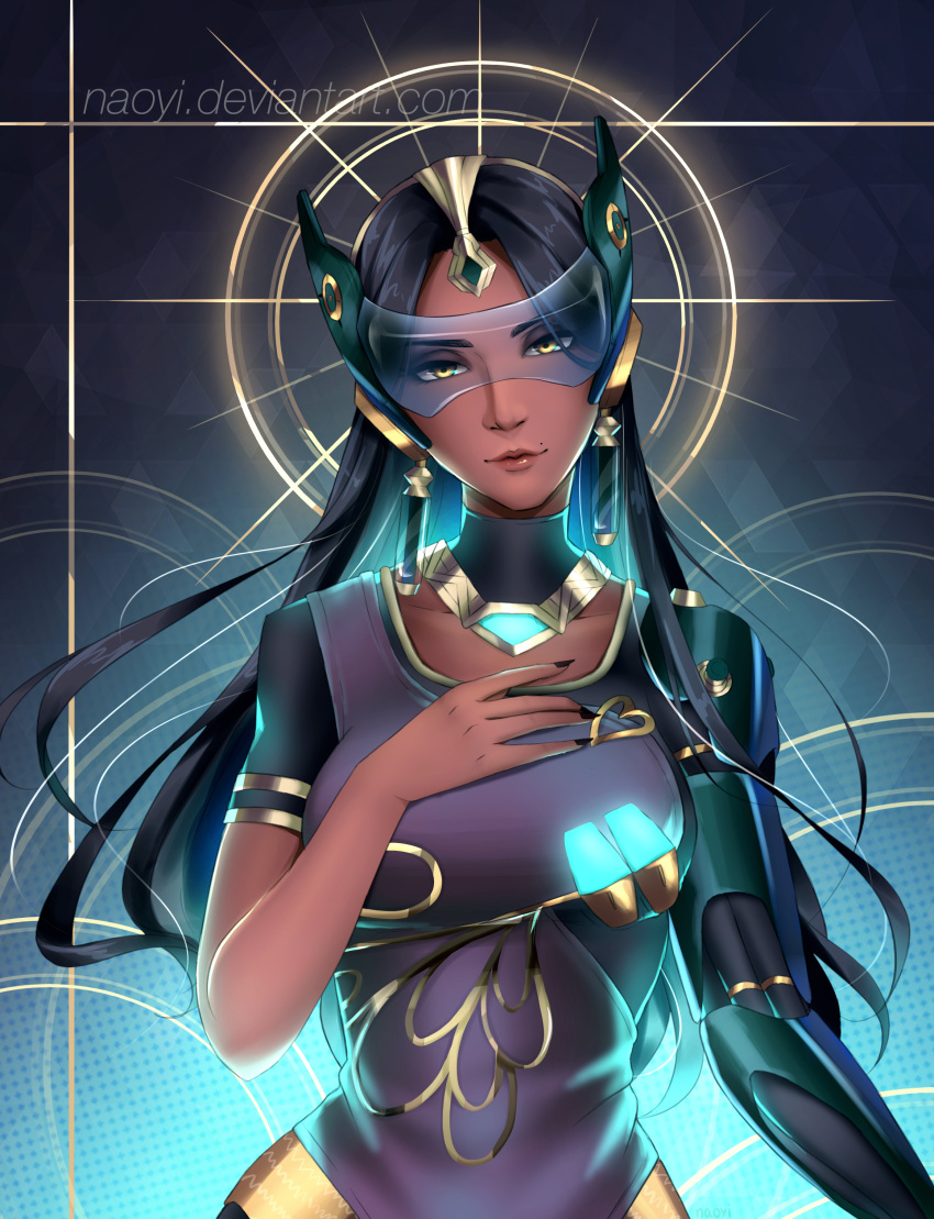 1girl absurdres alternate_costume artist_name black_hair dark_skin earrings highres jewelry long_hair mole nail_polish naoyi necklace overwatch peacock_symmetra solo symmetra_(overwatch) visor watermark web_address yellow_eyes