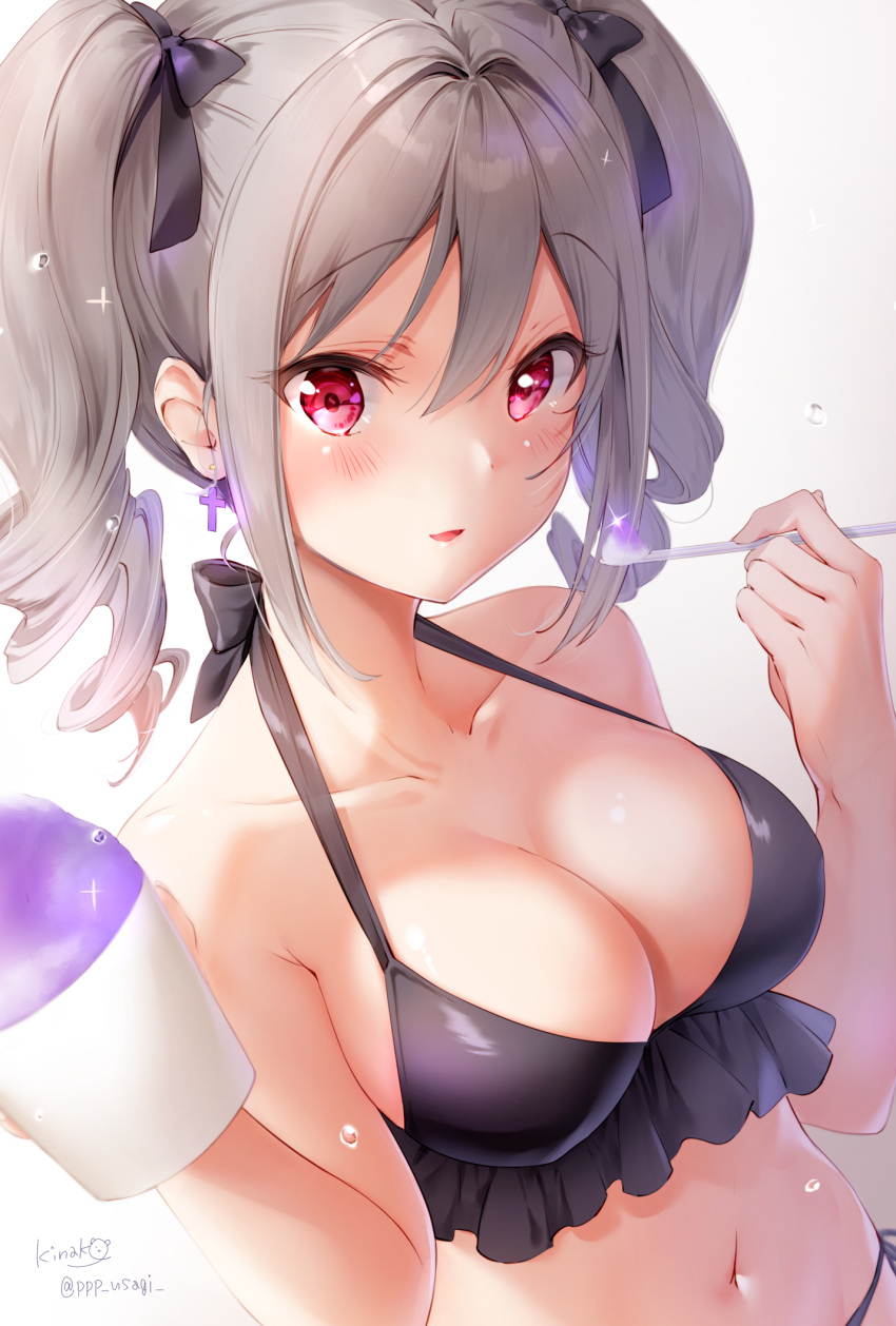 1girl bare_shoulders bikini black_bikini black_ribbon blush breasts cleavage collarbone commentary drill_hair earrings eyebrows_visible_through_hair grey_hair highres idolmaster idolmaster_cinderella_girls jewelry kanzaki_ranko large_breasts long_hair looking_at_viewer navel open_mouth red_eyes ribbon shaved_ice shiratama_akane silver_hair simple_background smile solo swimsuit twin_drills twintails twitter_username water_drop white_background