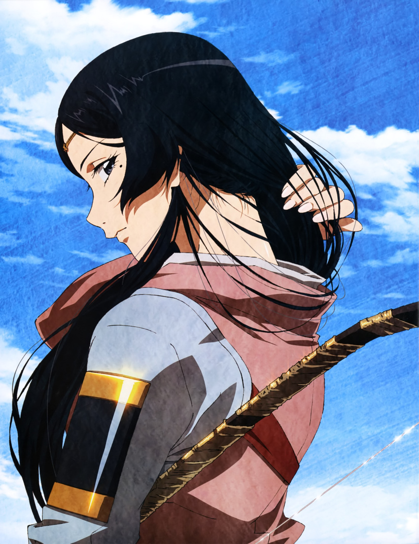 1girl absurdres angolmois:_genkou_kassenki artist_request black_hair blue_sky clouds cloudy_sky day fingernails grey_eyes highres japanese_clothes kimono long_hair looking_at_viewer magazine_scan mole mole_under_eye newtype official_art outdoors pink_kimono scan sky solo teruhi_(angolmois)