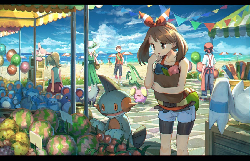 2boys 3girls apron bag balloon bare_arms beach beach_umbrella berries bike_shorts blue_sky bow brown_hair creature day denim denim_shorts dog dress green_dress grovyle hair_bow hand_on_own_chin haruka_(pokemon) hat holding holding_bag innertube looking_down marill market marshtomp merchant mouse multiple_boys multiple_girls ocean outdoors pants pippi_(pixiv_1922055) pokemon pokemon_(creature) pokemon_(game) pokemon_rse ponytail poochyena shopping shorts skitty sky sleeping stall stone_floor stone_walkway stuffed_toy sun_hat umbrella whismur wingull yuuki_(pokemon)