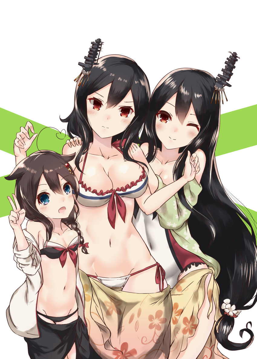 3girls absurdres ahoge beige_sarong bikini black_bikini black_hair black_sarong blue_eyes braid breasts casual_one-piece_swimsuit cleavage floral_print fusou_(kantai_collection) hair_flaps hair_ornament hair_over_shoulder highres jacket kantai_collection large_breasts long_hair looking_at_viewer momiji_(103) multicolored multicolored_clothes multicolored_swimsuit multiple_girls one-piece_swimsuit open_clothes open_jacket open_mouth red_eyes remodel_(kantai_collection) sarong shigure_(kantai_collection) short_hair single_braid smile swimsuit two-tone_background white_background white_jacket yamashiro_(kantai_collection)