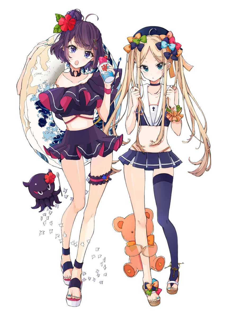 2girls abigail_williams_(fate/grand_order) absurdres ahoge anklet bare_shoulders bikini black_bow black_hat black_skirt blonde_hair blue_bow blue_eyes blue_nails bow choker collarbone commentary_request fate/grand_order fate_(series) flower frilled_bikini frills green_bow hair_bow hair_flower hair_ornament hat head_tilt hibiscus highres inflatable_toy innertube jewelry katsushika_hokusai_(fate/grand_order) key keyhole long_hair looking_at_viewer midriff multiple_girls nail_polish octopus open_mouth orange_bow origami osanai paintbrush parted_lips playing_with_own_hair pleated_skirt purple_hair red_bow red_flower ribbon sailor_bikini sailor_collar sandals scrunchie shaved_ice shirt short_hair signature single_thighhigh skirt sleeveless sleeveless_shirt spoon strapless strapless_bikini stuffed_animal stuffed_toy swimsuit teddy_bear thigh-highs thigh_strap toe_ring toenail_polish twintails very_long_hair wrist_scrunchie wristband x_hair_ornament