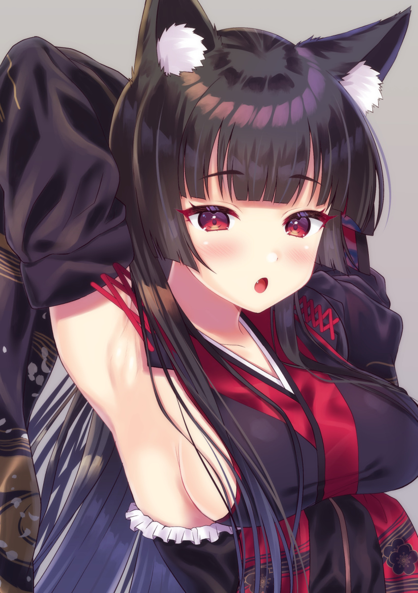 1girl :o armpits arms_up azur_lane bangs black_hair black_kimono blush breasts collarbone commentary_request detached_sleeves eyebrows_visible_through_hair fang grey_background highres honami_(yths4221) japanese_clothes kimono large_breasts long_hair long_sleeves looking_at_viewer parted_lips red_eyes sideboob simple_background sleeveless sleeveless_kimono solo very_long_hair yamashiro_(azur_lane)