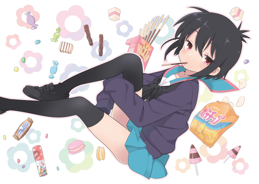 1girl a_channel black_footwear black_hair black_legwear black_neckwear blue_skirt candy eyebrows floral_background food highres ichii_tooru knee_up kuroda_bb loafers looking_at_viewer macaron miniskirt neckerchief official_art pocky red_eyes school_uniform serafuku shoes short_hair sidelocks skirt sleeves_past_fingers sleeves_past_wrists snack snickers solo sweater thigh-highs zettai_ryouiki