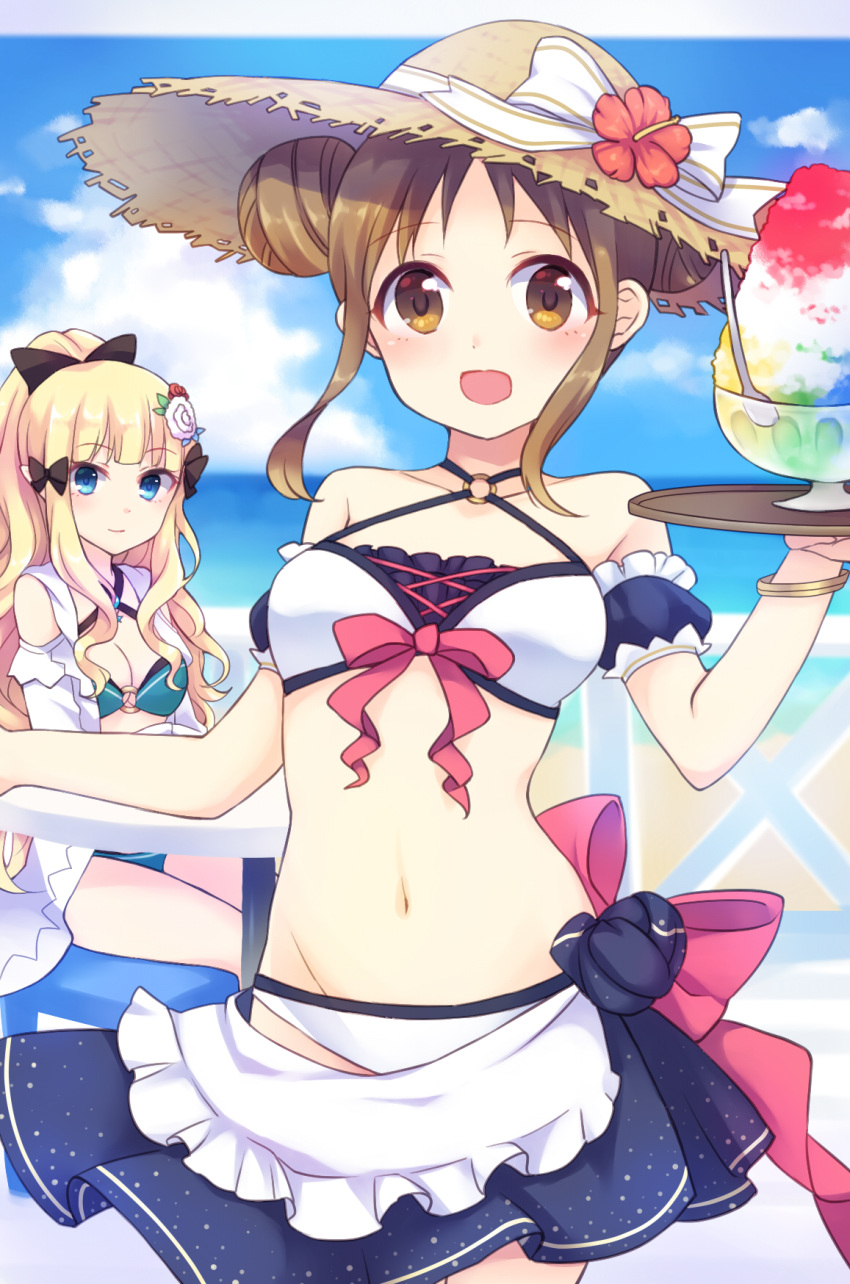 2girls :d amano_suzume apron bangs bare_shoulders bikini black_bow blue_eyes blue_skirt blue_sky blurry blurry_background blush bow breasts brown_eyes brown_hair chair character_request cleavage closed_mouth clouds cloudy_sky collarbone commentary_request day depth_of_field detached_sleeves double_bun eyebrows_visible_through_hair fence frilled_apron frills green_bikini gucchiann hair_bow highres holding holding_tray horizon jacket long_hair looking_at_viewer multiple_girls navel o-ring o-ring_bikini o-ring_top ocean open_mouth outdoors pleated_skirt princess_connect! puffy_short_sleeves puffy_sleeves red_bow shaved_ice short_sleeves side_bun sidelocks skirt sky small_breasts smile swimsuit table tied_skirt tray very_long_hair waist_apron water white_apron white_bikini white_jacket