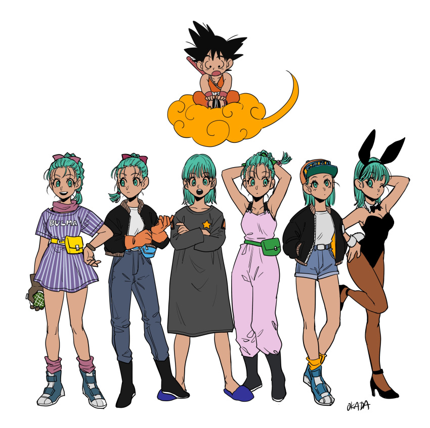 1boy 6+girls :d :o ;) absurdres adjusting_clothes adjusting_gloves alternate_color alternate_costume animal_ears aqua_eyes aqua_hair armpits arms_up artist_name bare_arms bare_legs bare_shoulders baseball_cap belt black_eyes black_footwear black_hair boots bracelet braid bulma bunny_tail bunnysuit character_name clothes_writing crossed_arms denim denim_shorts dragon_ball dragon_ball_(classic) dress dual_persona expressionless eyebrows_visible_through_hair eyelashes flying_nimbus full_body gloves hair_ribbon hand_on_hip happy hat high_heels highres jacket jeans jewelry leg_up looking_away looking_down looking_up multiple_girls necktie nightgown nyoibo okada_(hoooojicha) one_eye_closed open_mouth orange_legwear pants pantyhose purple_dress purple_legwear rabbit_ears radar ribbon scarf see-through shirt short_hair shorts simple_background sitting slippers smile socks son_gokuu spiky_hair standing striped tail vertical-striped_dress vertical_stripes white_background white_shirt